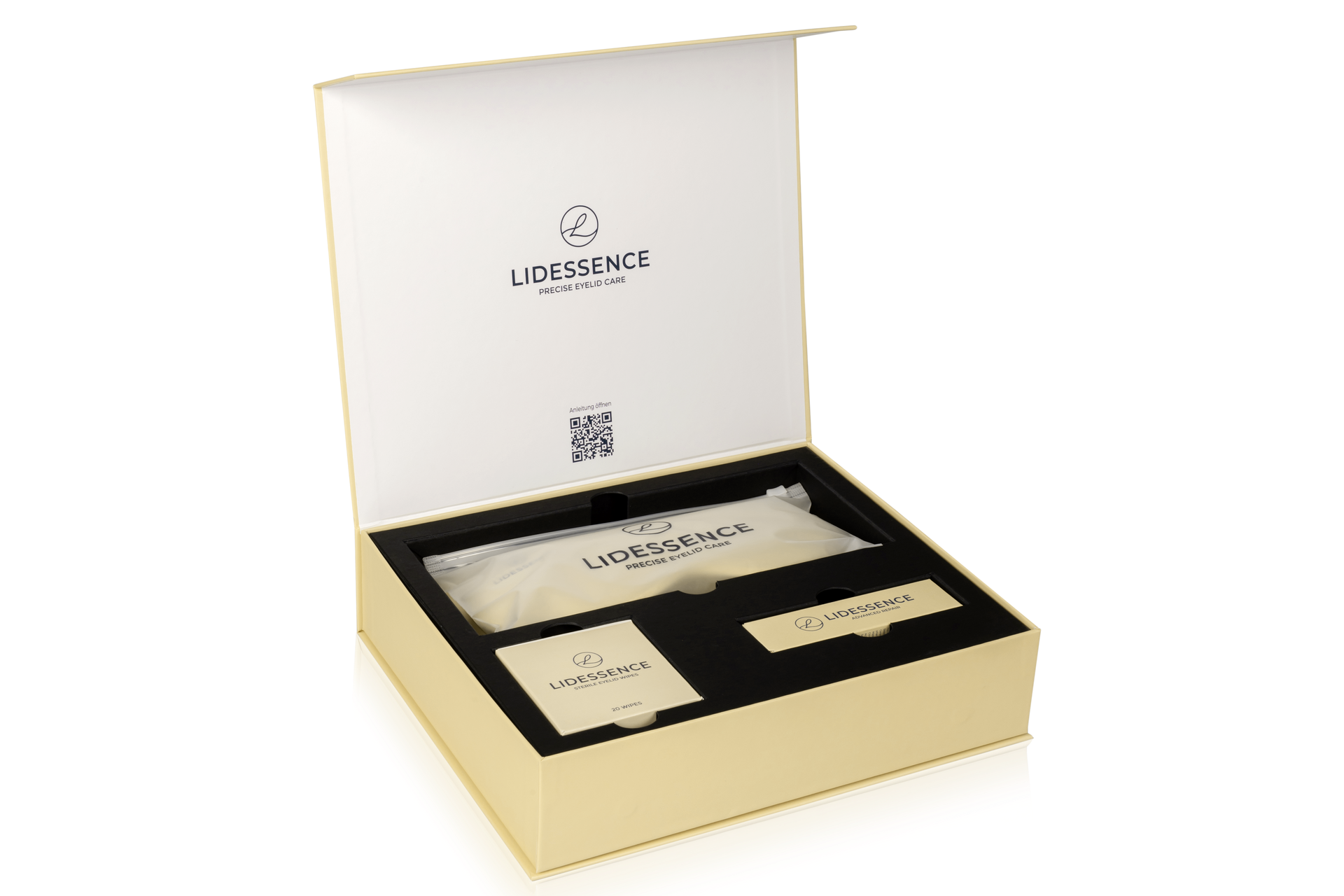 Luxuriöse Geschenkbox mit beiger Aussenseite, schwarzer Innenseite und einem cremefarbenen Accessoire als Dekoration.