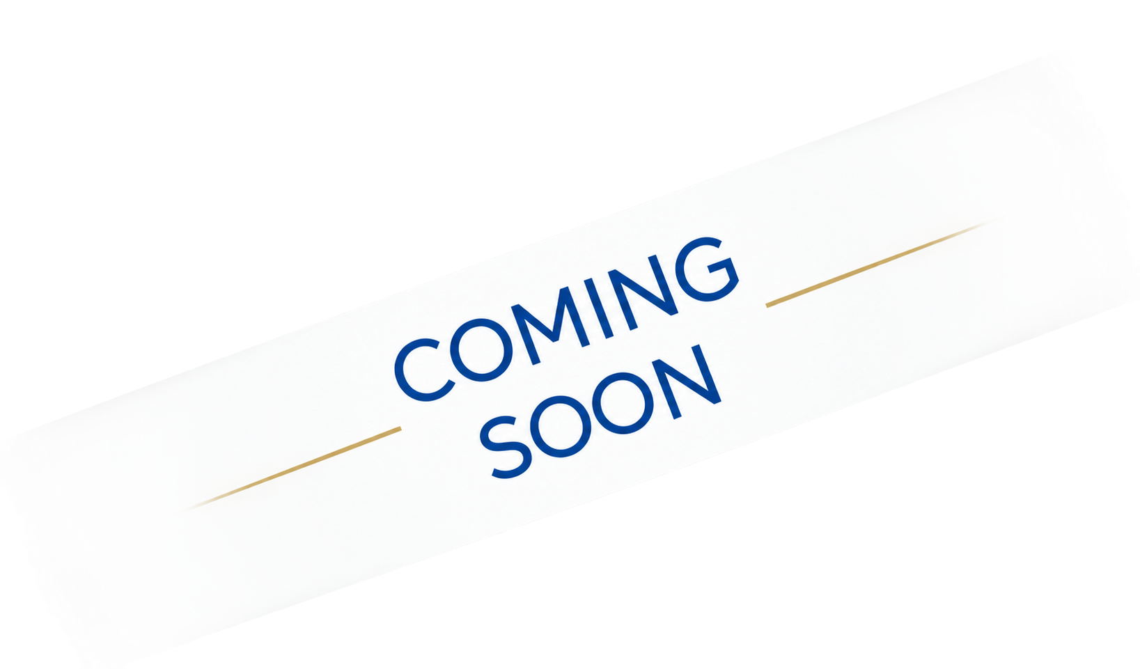 Blauer Schriftzug „COMING SOON“ mit dünnen goldenen Linien auf weißem Hintergrund.