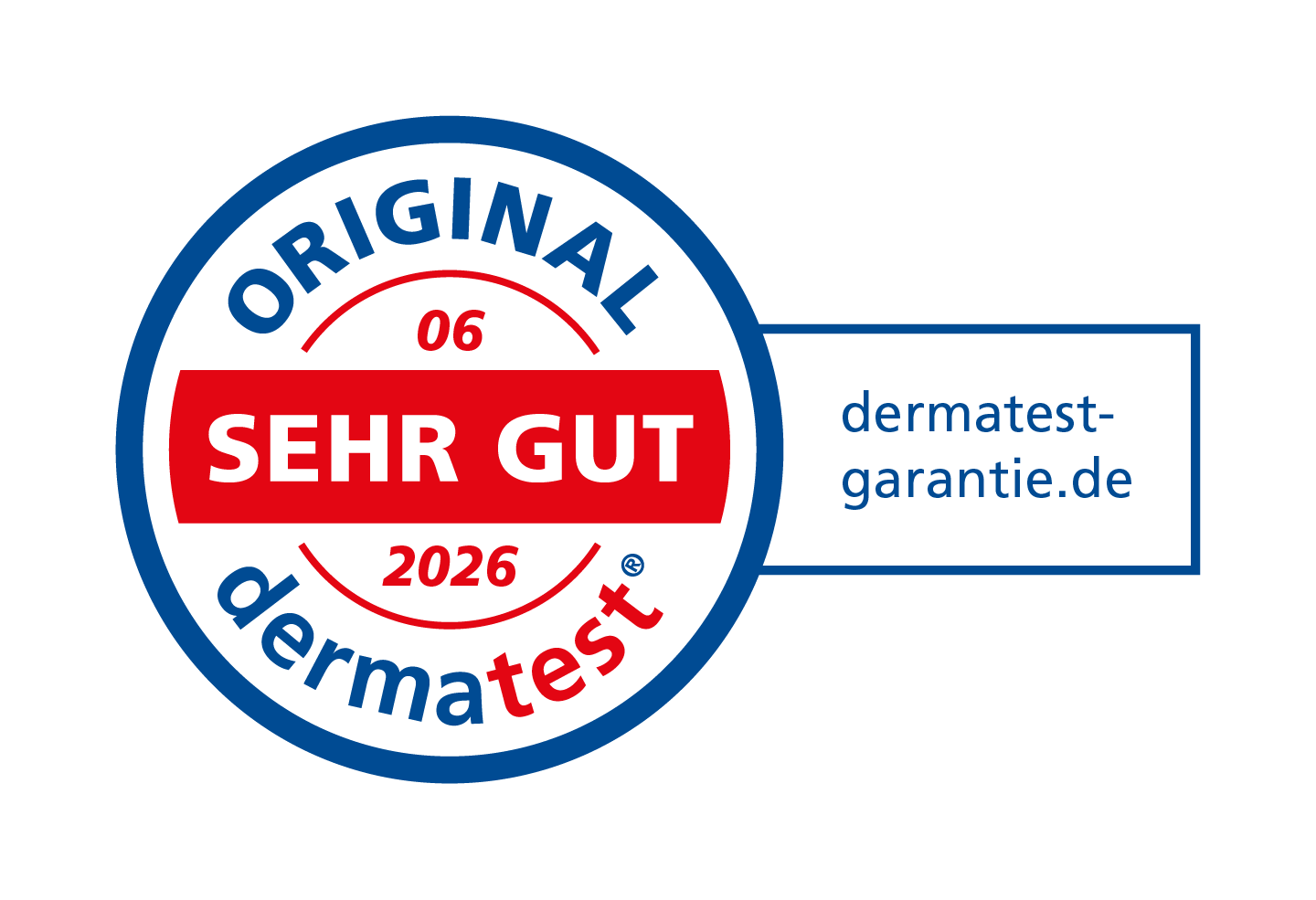 Dermatest-Siegel SEHR GUT mit blau-rotem Logo, Bewertung 2026, dermatest-garantie.de