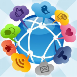 a globe surrounded by speech bubbles including one that says sms