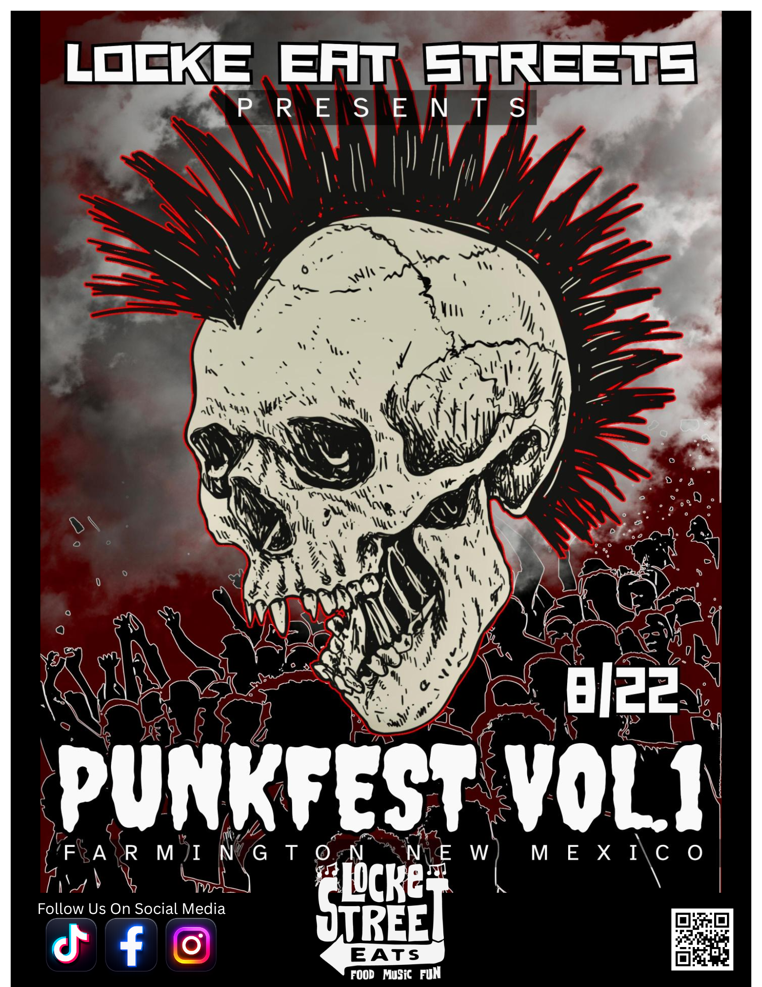 Black-and-red punk fest poster with skull art, reading “Punkfest Vol 1” by Locke Eat Streets