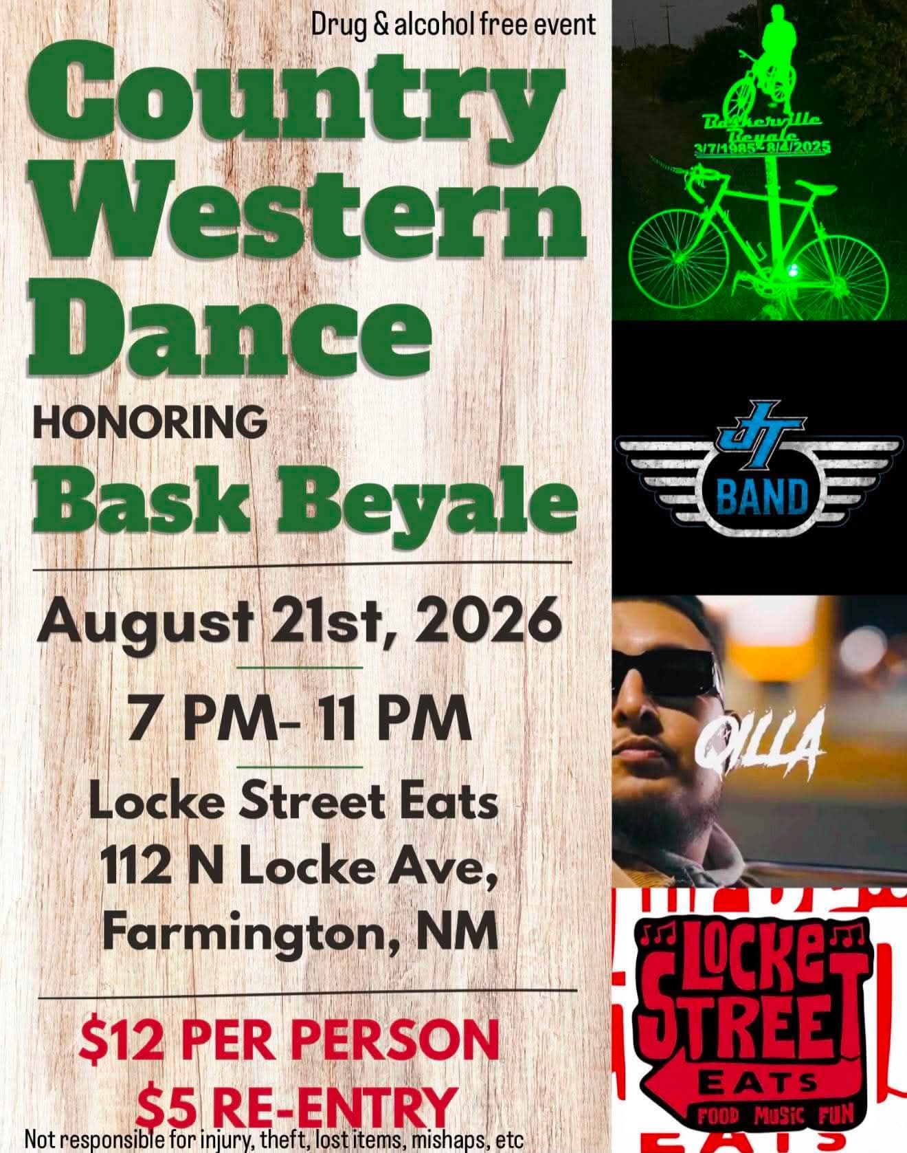 Country Western Dance flyer for Bask Beyale, Aug. 21, 2026, at Locke Street Eats in Farmington, NM.