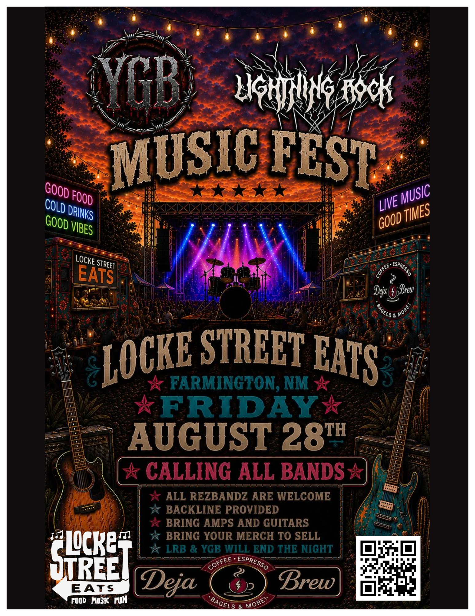 Locke Street Eats music fest poster with live concert stage and band lineup on black background
