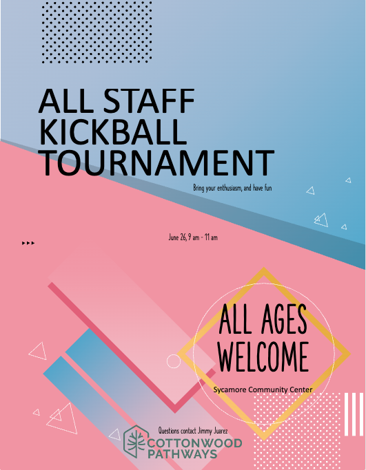 All staff kickball tournament flyer in pink and blue with “All ages welcome” badge