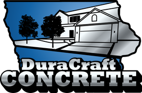 DuraCraft Concrete logo with a house, trees, and a blue sky over a concrete-themed background
