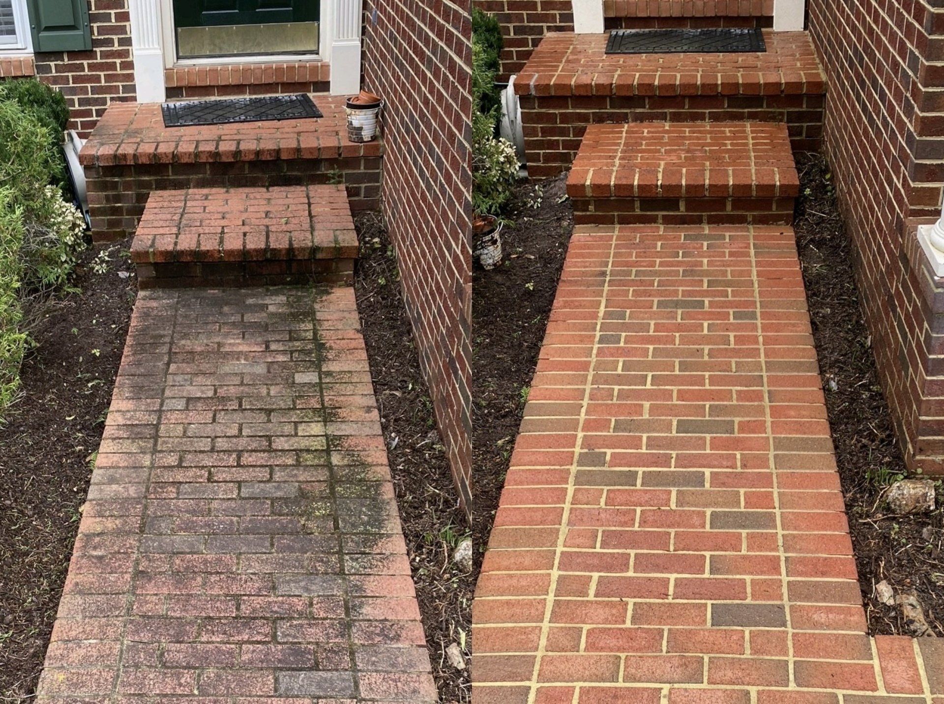 Two narrow brick walkways leading to a front door, with a small stair step between them