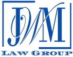 Blue and white JDM Law Group logo with stylized initials and company name
