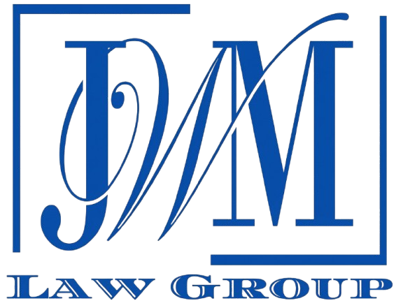 Blue and white JDM Law Group logo with stylized initials and company name