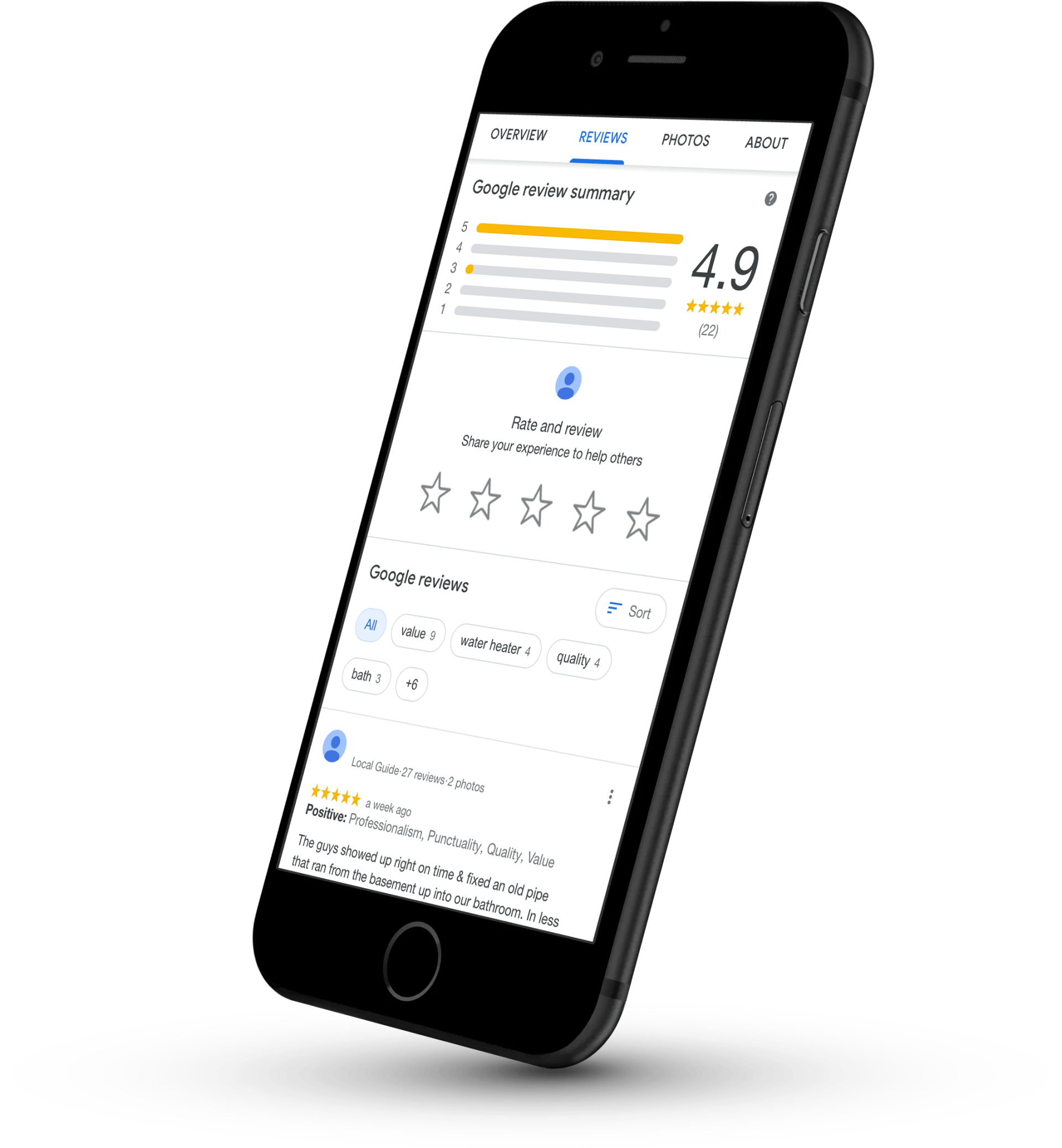 Clicking This Image Will Do Nothing Image of a smart phone showing a 4.9 star rating on google maps