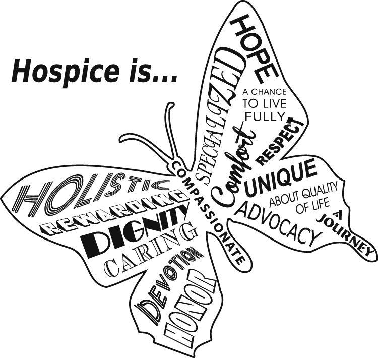 A black and white drawing of a butterfly with the words hospice is written on it