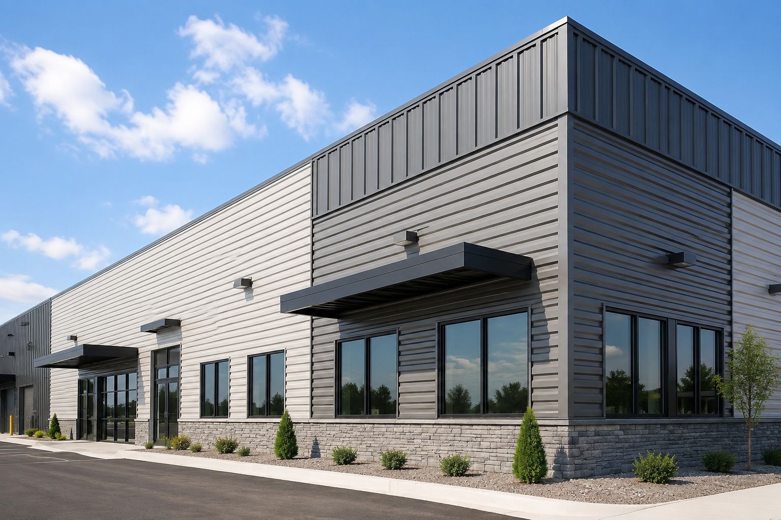 Modern commercial building exterior with gray siding, black awnings, large windows, and blue sky