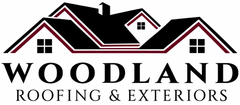 Woodland Roofing & Exteriors logo: stylized black house silhouette with text below.