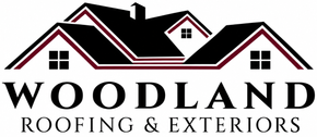 Woodland Roofing & Exteriors logo: stylized black house silhouette with text below.