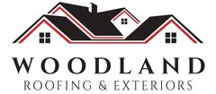 Woodland Roofing & Exteriors logo: stylized black house silhouette with text below.