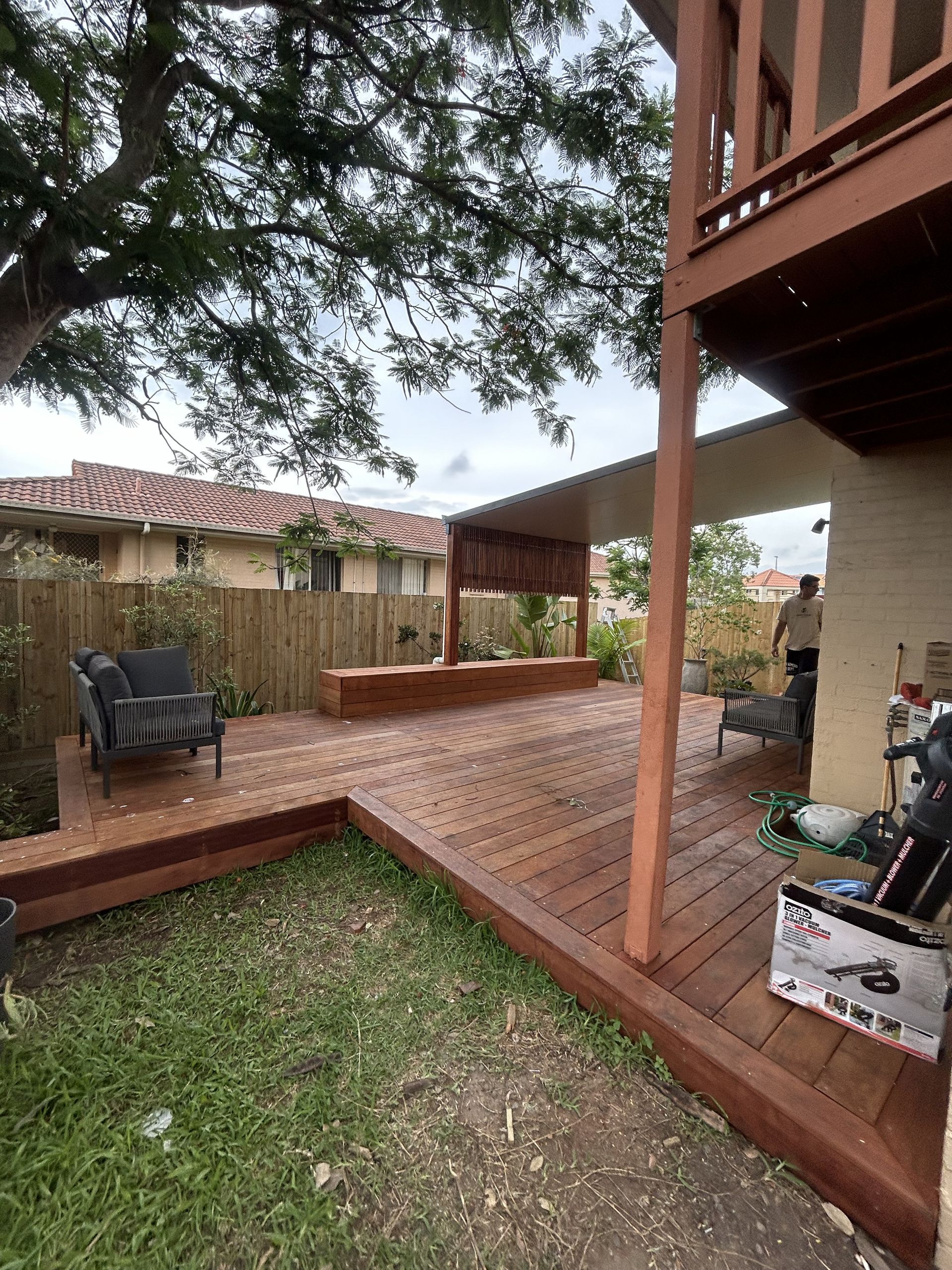 Backyard Wooden Deck With Pergola, Seating — Jordan Building & Construction Pty Ltd in Ascot, QLD