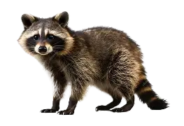 A raccoon is standing on a white background and looking at the camera.