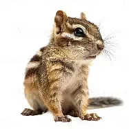 A chipmunk is sitting on a white background and looking at the camera.