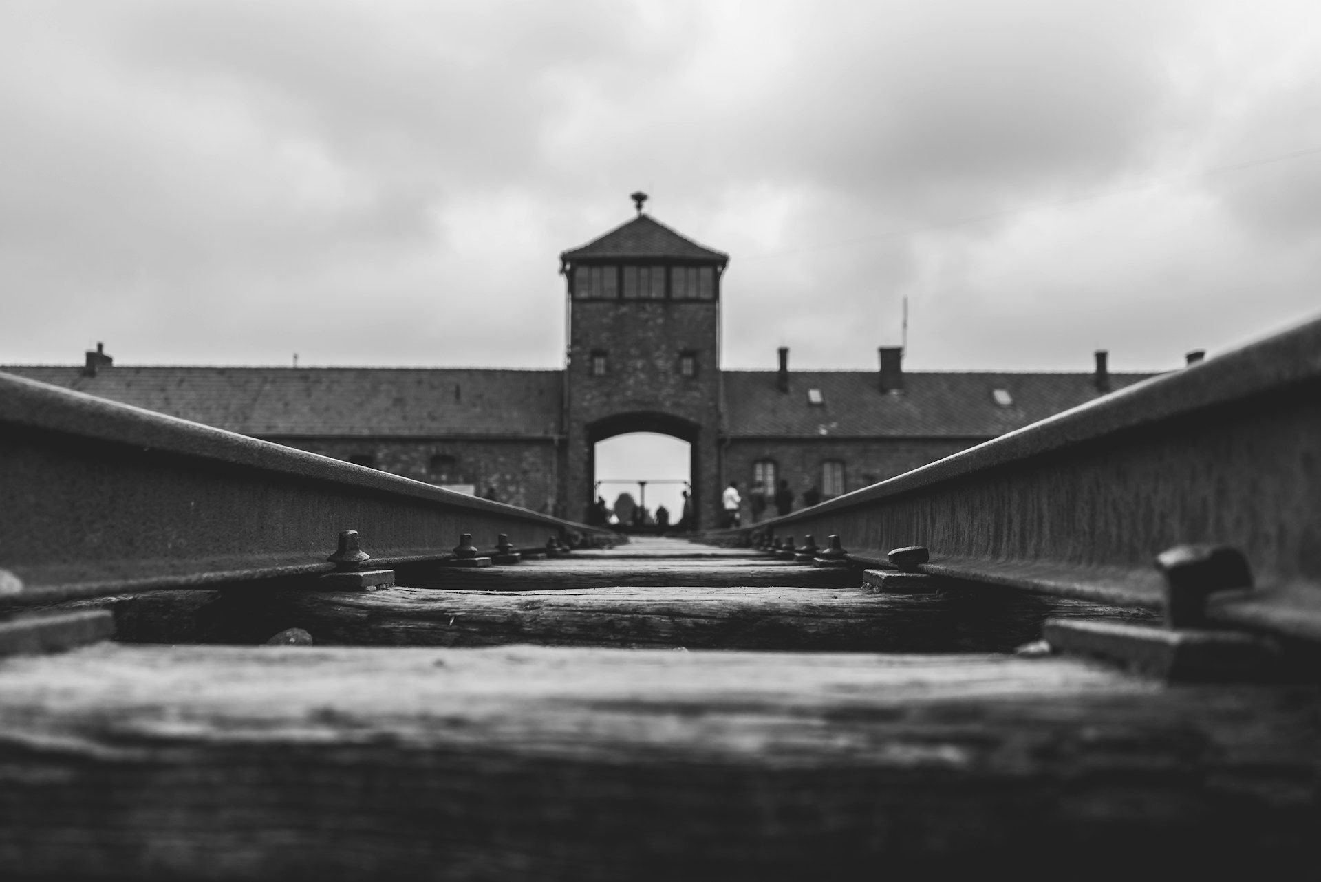 Auschwitz-Birkenau main gatehouse viewed from the rail tracks