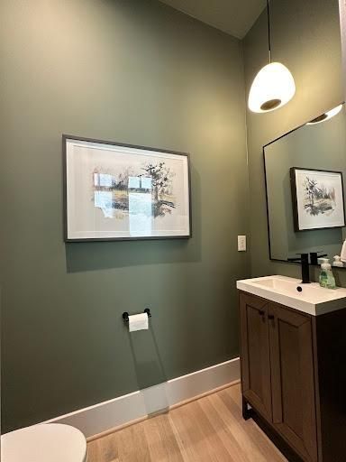Small bathroom with sage-green walls, framed art, vanity sink, mirror, and hanging pendant light.