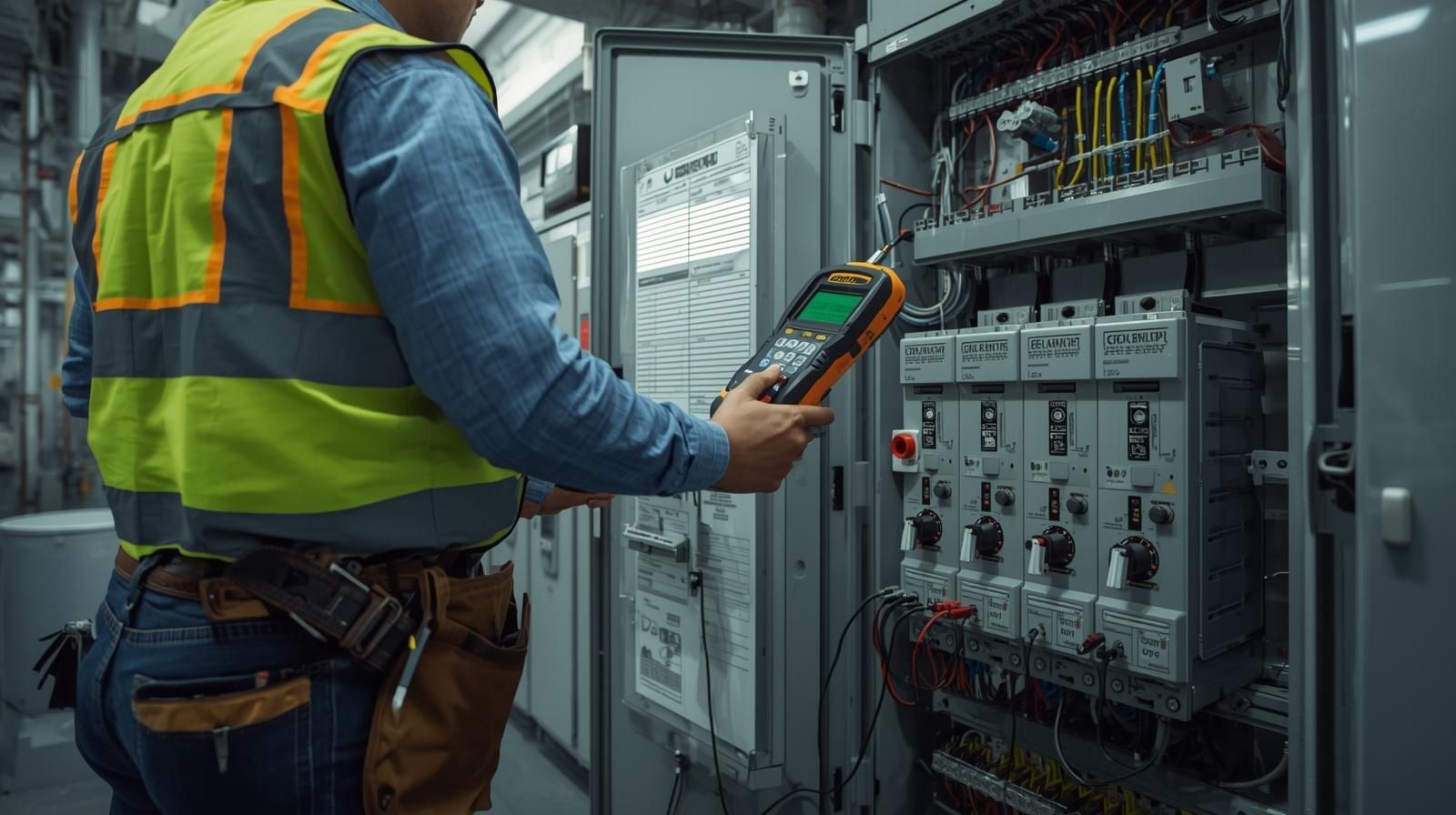 Technician using a handheld device to inspect electrical control panels in a utility room.