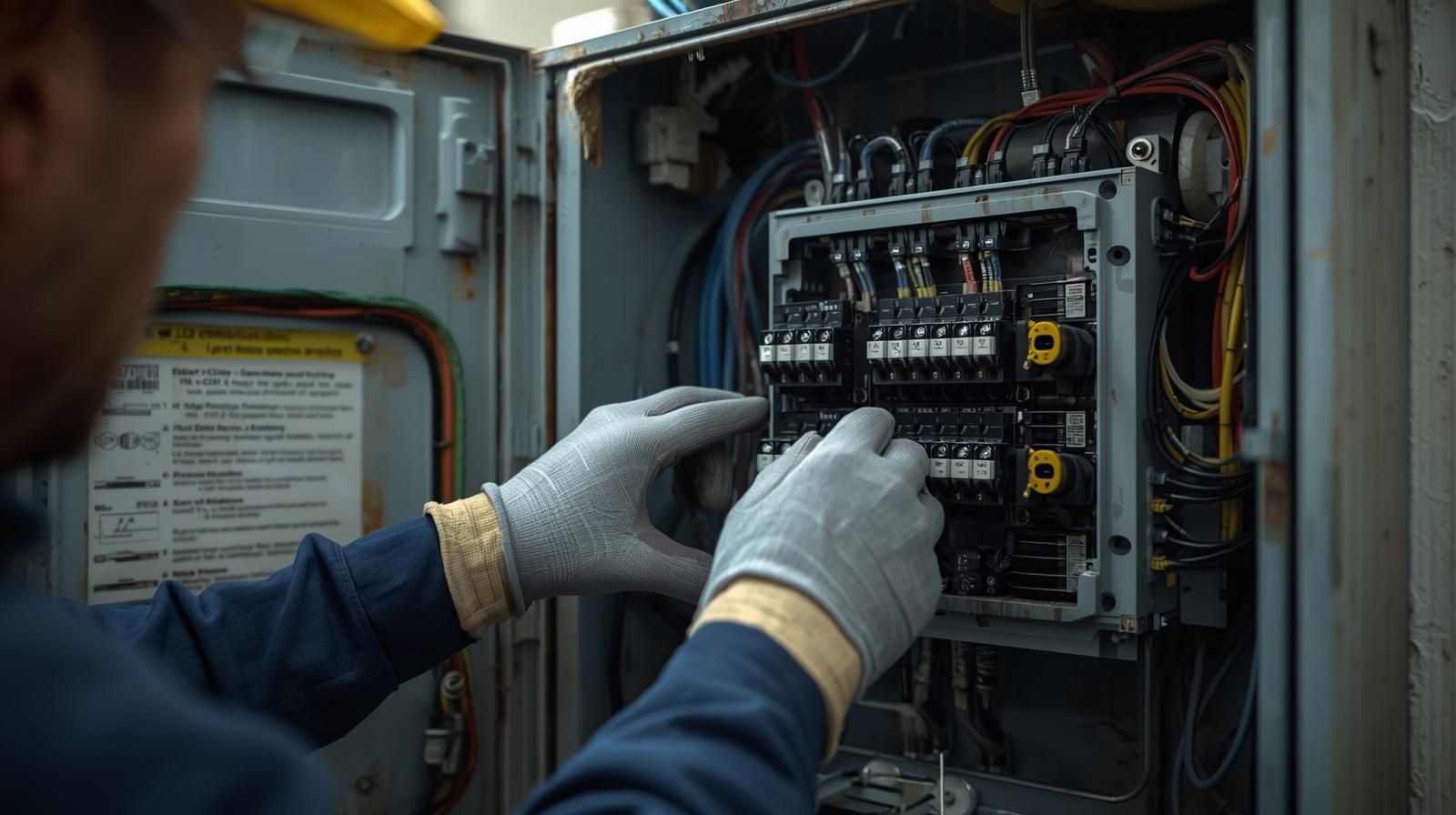 Technician in gloves adjusting wiring inside an open electrical control panel