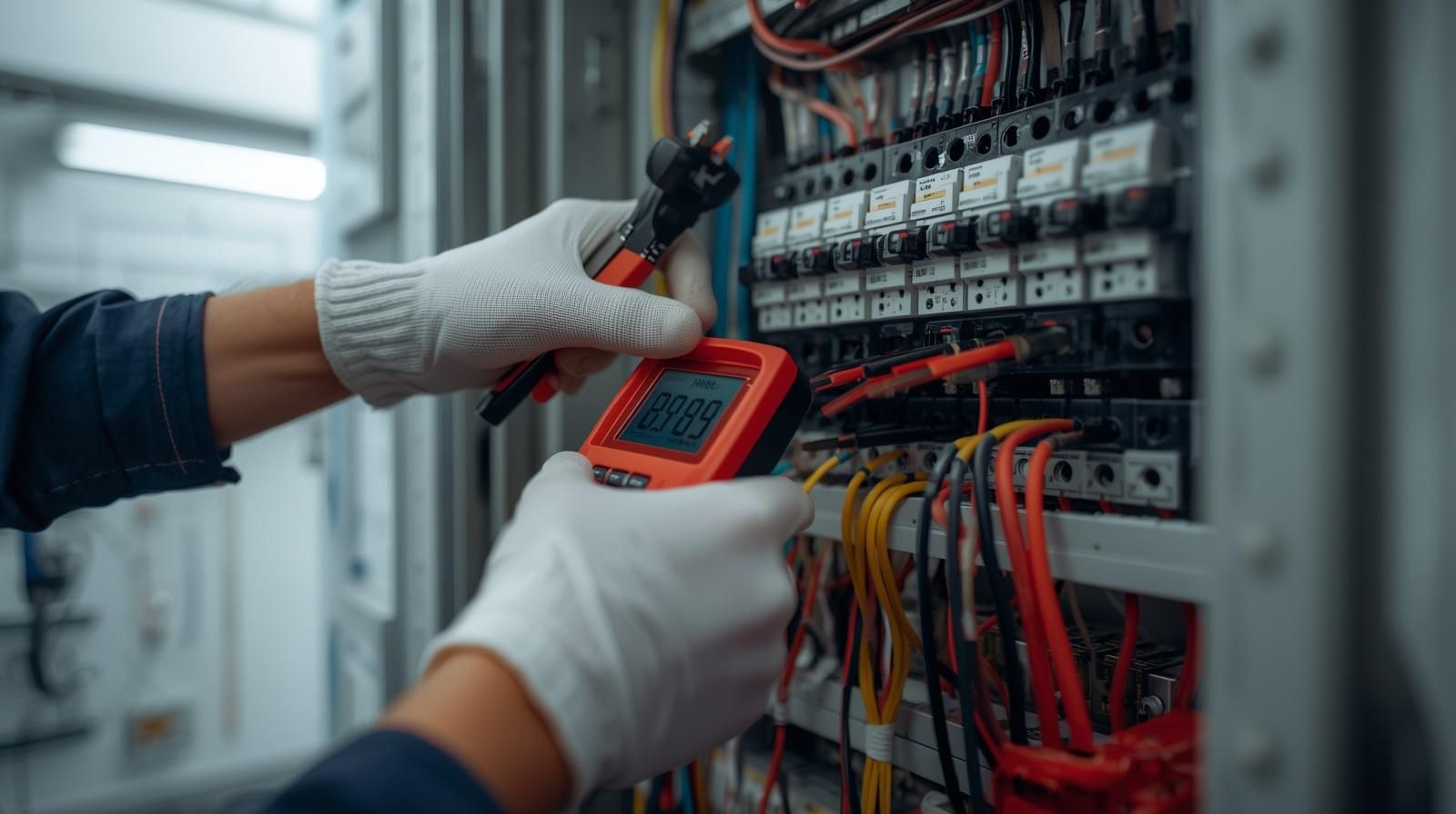 Technician testing electrical panel wiring with a multimeter in a server room