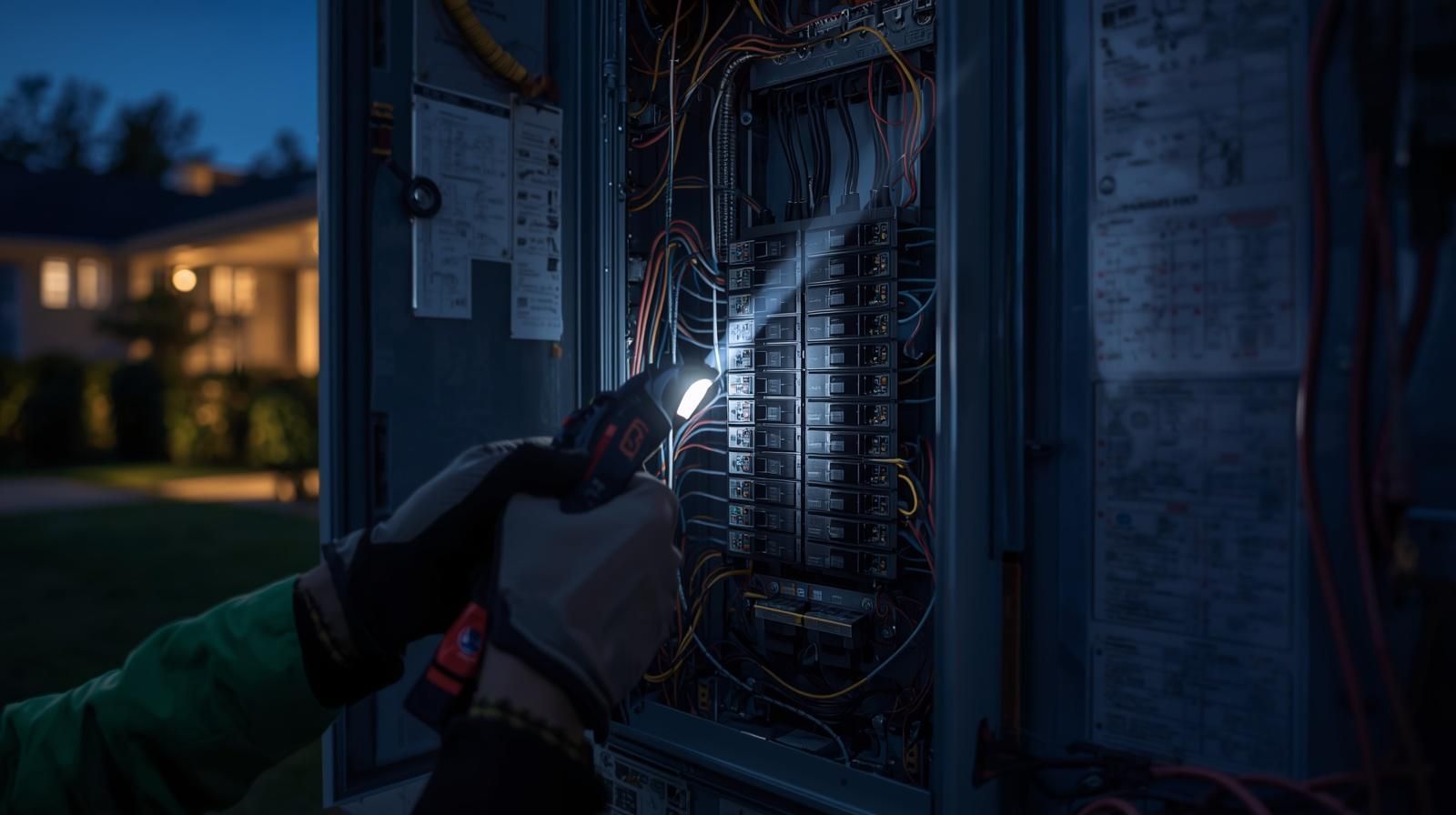 Technician using a flashlight to inspect electrical wiring at night