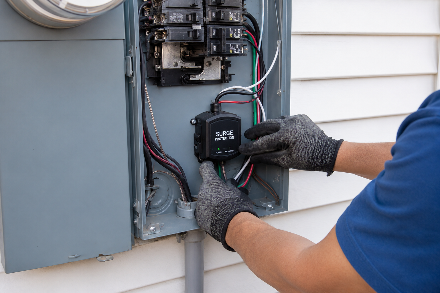 Technician adjusting a wall-mounted electrical control panel in a utility room