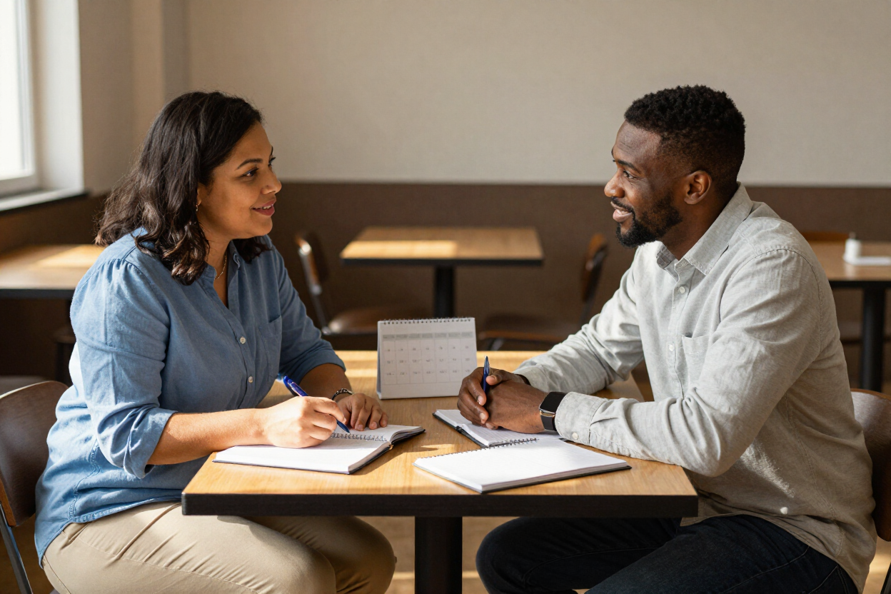 Caregiver speaking with a volunteer coordinator at a community table