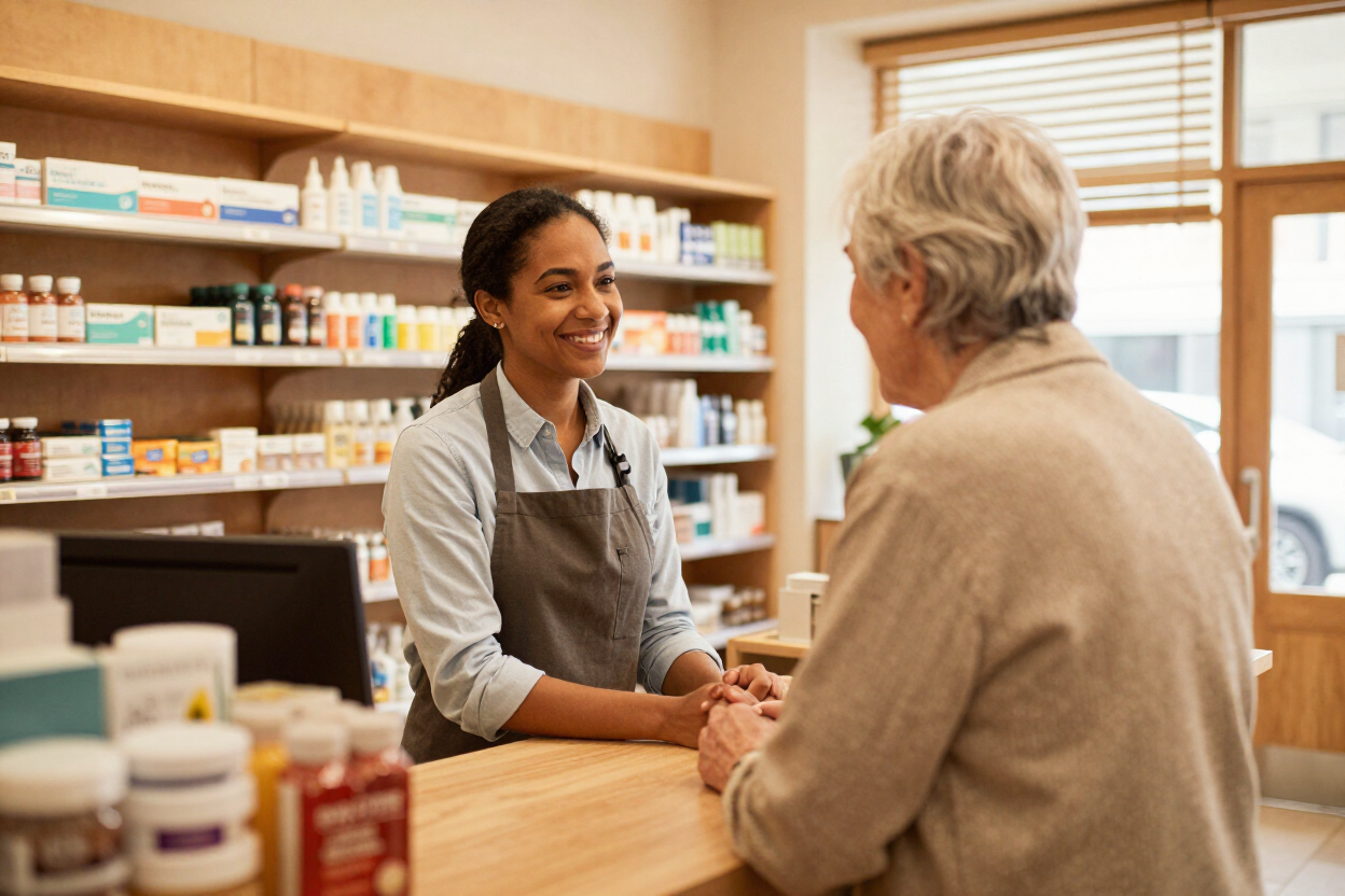 Local business owner warmly helping an older adult customer