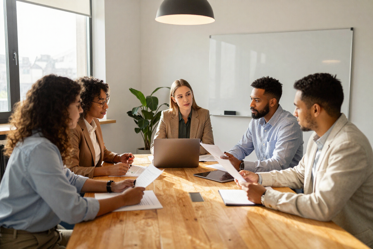 Researchers collaborating around a table in a university meeting room