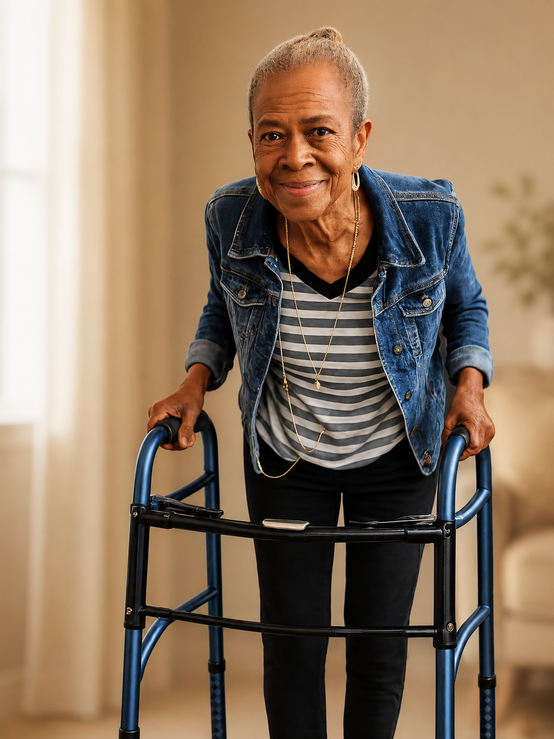 A caregiver reviewing paperwork at a kitchen table while an older parent rests nearby