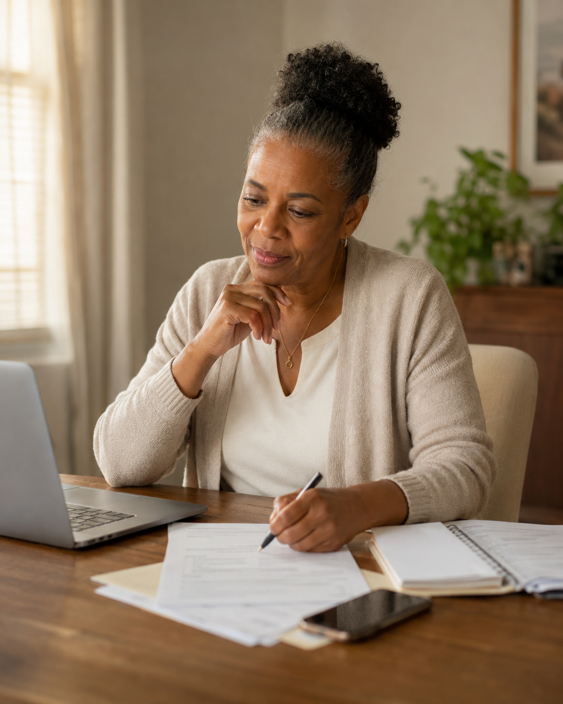 Woman at a desk surrounded by paperwork and a laptop, looking determined but tired