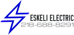 Logo of Eskeli Electric. A blue lightning bolt is above the company name and phone number (218-688-8291).
