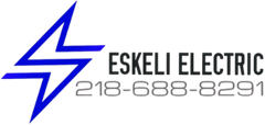 Logo of Eskeli Electric. A blue lightning bolt is above the company name and phone number (218-688-8291).