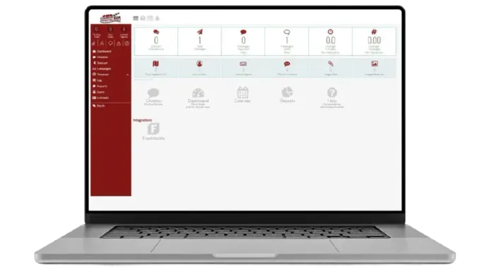 Laptop screen displaying a web application with red and white interface; icons and menu options visible.