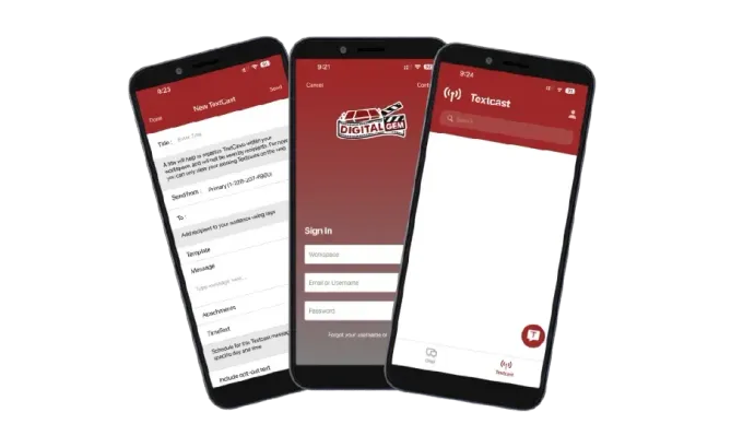 Three mobile phones displaying app screens with a red and white color scheme.