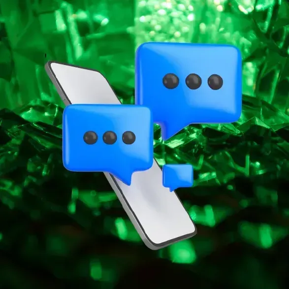 3D rendering of a smartphone with two blue speech bubbles, implying a text message conversation, against a green background.