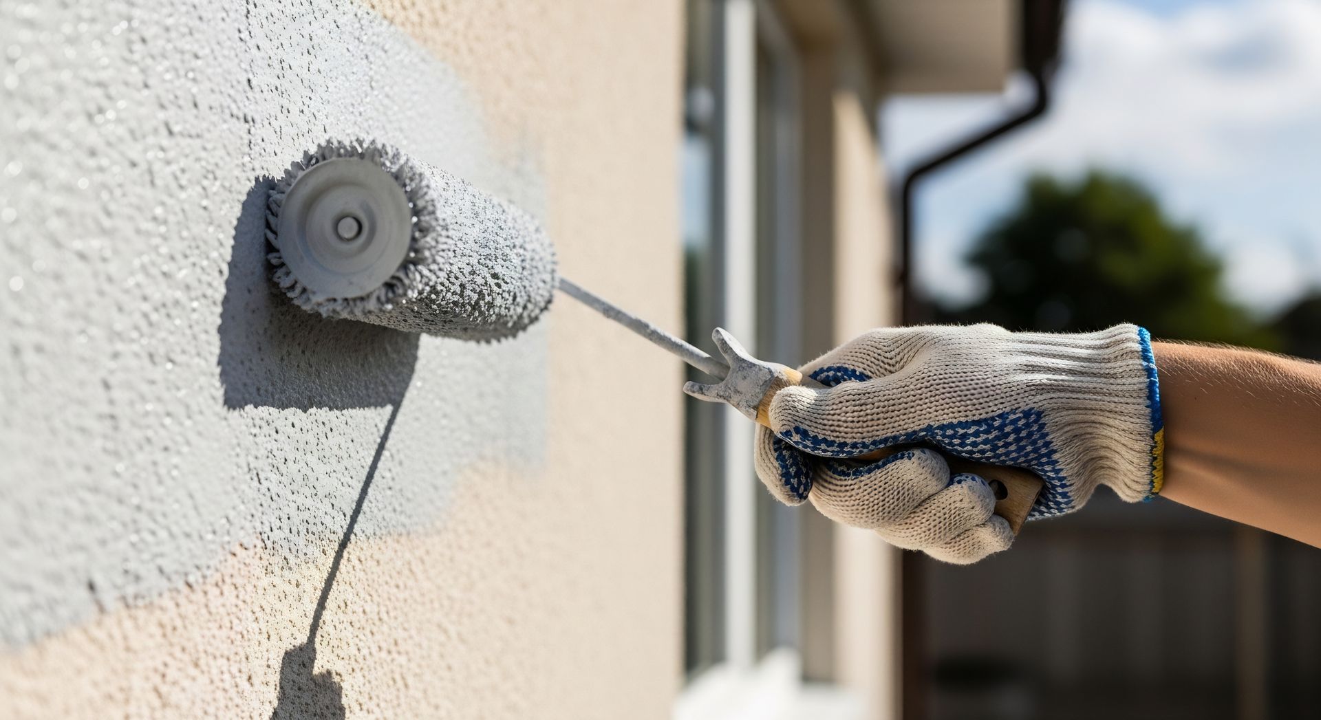 Gloved hand painting a white wall with a roller near a window