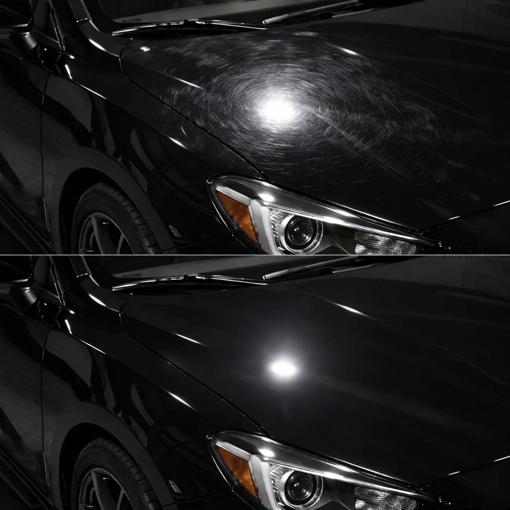 Three photos of a black car panel reflecting a garage interior and a work light; showing a before, during, and after process.