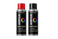 Due bombolette di vernice spray acrilica, una con tappo rosso e una con tappo nero, su sfondo bianco.