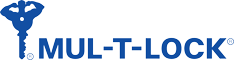 Logo MUL-T-LOCK blu con emblema a forma di chiave e testo blu su sfondo bianco.