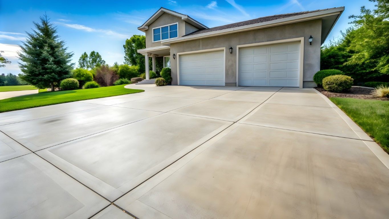 House with two-car garage and concrete driveway, green lawn, blue sky.