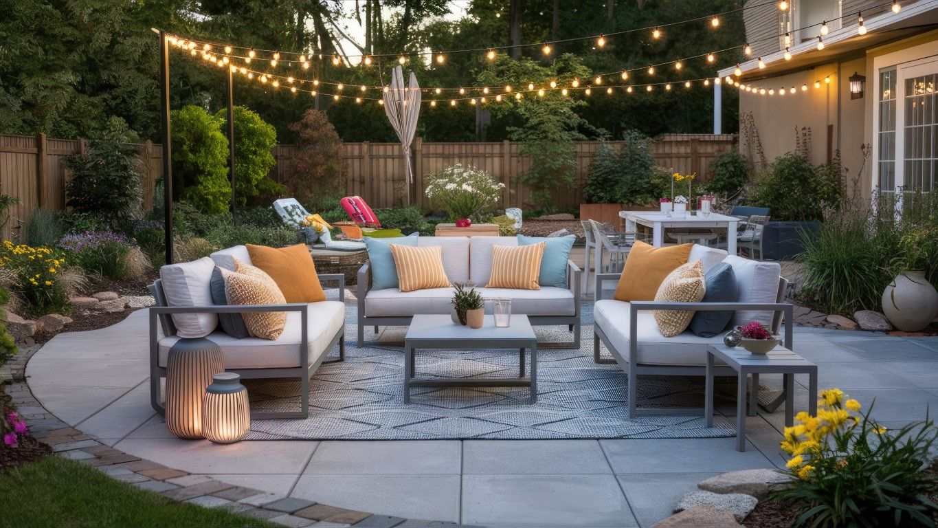 Outdoor patio with gray seating, string lights, and lush landscaping.