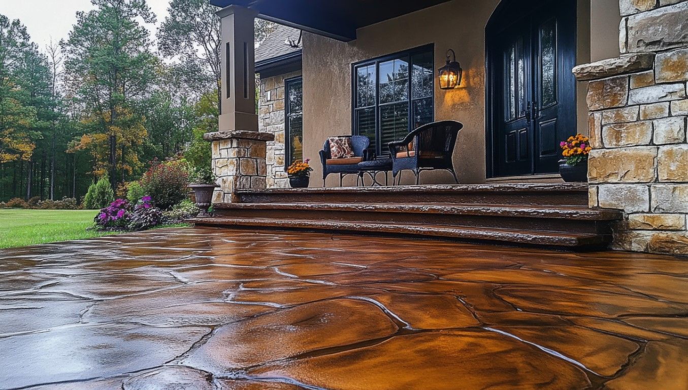 Stained concrete patio with stone steps leading to a house entrance. The lawn and trees are in the background.