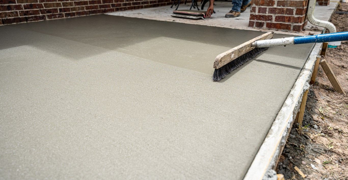 A person smooths wet concrete on a partially finished patio with a broom, beside a brick wall.
