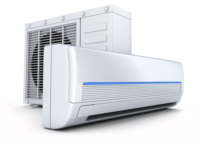 White wall-mounted air conditioner with outdoor unit and blue accent line