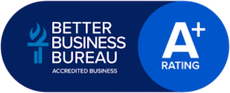 Blue Better Business Bureau accredited business badge with A+ rating circle