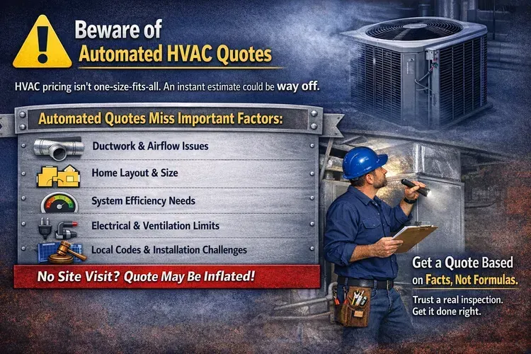 Beware of automated HVAC quotes ad with worker inspecting outdoor unit and checklist of hidden issues