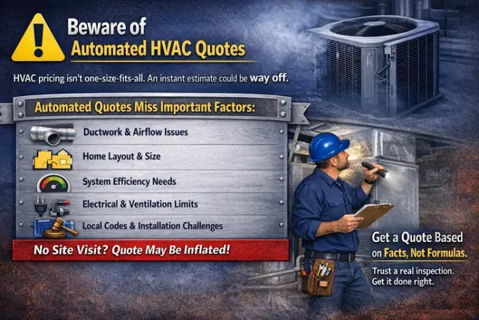 Beware of automated HVAC quotes ad with worker inspecting outdoor unit and checklist of hidden issues